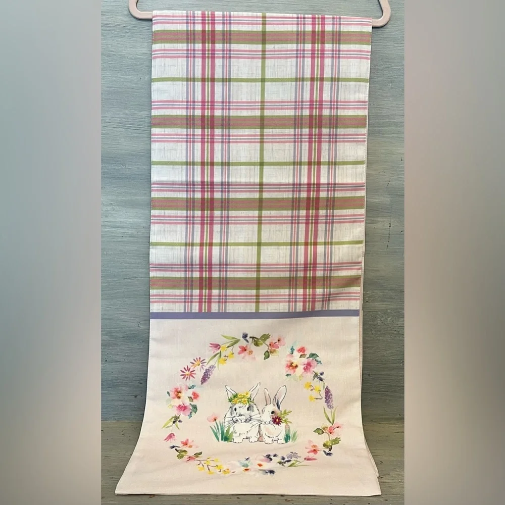 Linen Spring Easter Bunny Rabbit Flower‎ Table Runner Pink/Green Purple Plaid GC